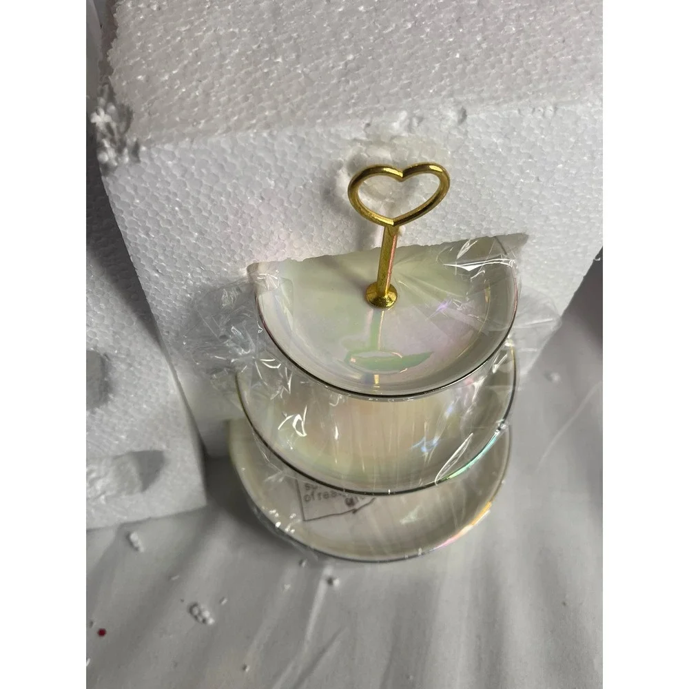 Ceramic 3 Tiered Jewelry Dish Tray Iridescent‎ Pearl Heart Handle PMH21111 White